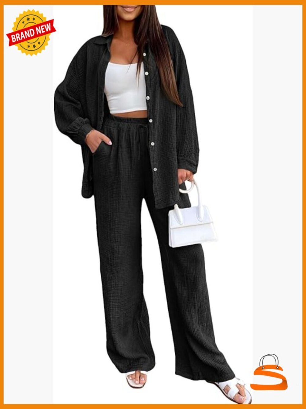 2 Piece Linen Lounge Sets Summer Outfits Long Sleeve Button Down Oversized Pant